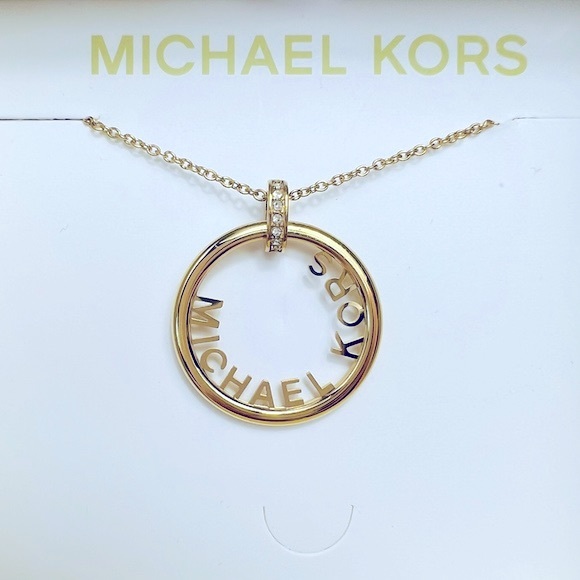 Michael Kors Gold Tone Logo Pendant With Rhinestone Accent Necklace NWT - Picture 4 of 10